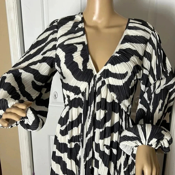 H&M animal print dress,,Black & white zebra print crinkle,balloon sleeves,tiered - Picture 5 of 16